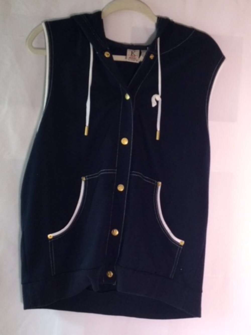 K Wear by Koret Navy Hooded Snap Front Vest Size S Vintage Gold Tone Buttons